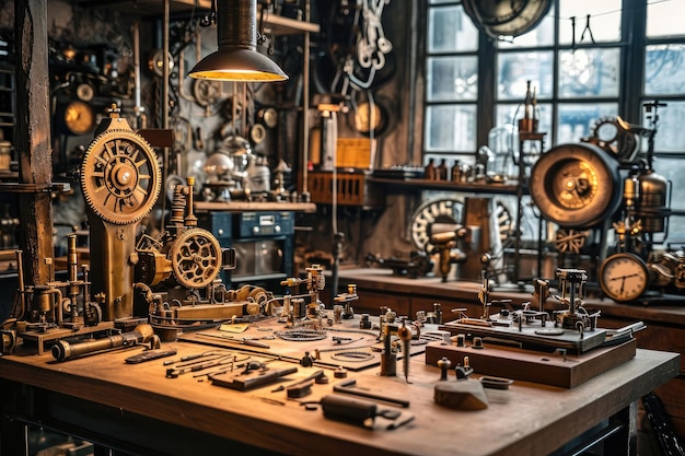 Steampunk klokwerk laboratorium gevuld met messing en tandwielen in een gekke wetenschappers werkplaats waar stoom aangedreven apparaten en fantastische uitvindingen