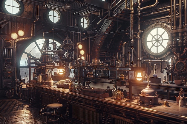 Steampunk laboratory where scientists from alterna