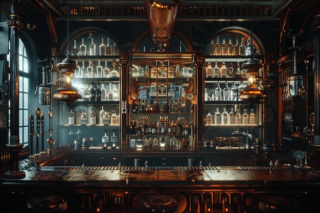 Steampunk laboratoryinspired bar with copper accen