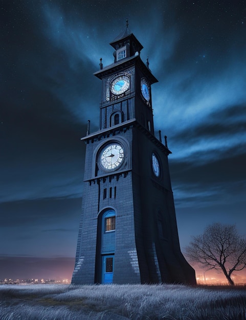 Steampunk landschap verlicht door een blauwe maan en donkere hemel met klokkentoren