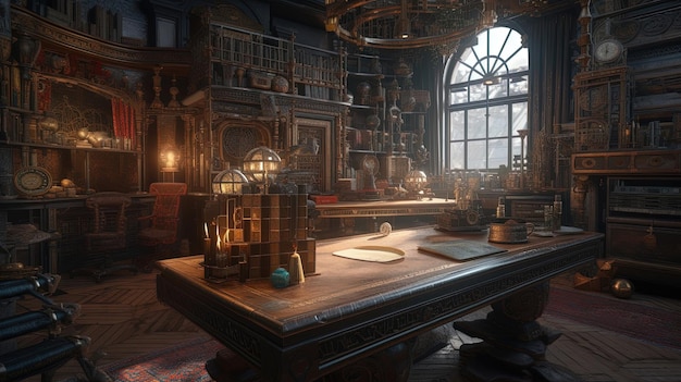 Steampunk library is a true masterpiece with vintage accessories and intricate details that create a world of imagination and wonder Generated by AI