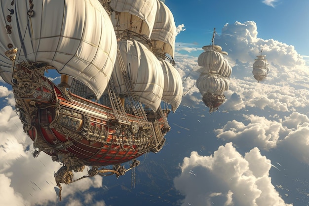 Steampunk luchtschip avontuur met Victoriaans geïnspireerde luchtschepen die door de lucht zweven hun ingewikkelde tandwielen en messing accessoires schitteren in het zonlicht terwijl ze reizen door fantastische rijken