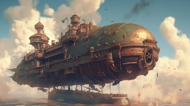 Steampunk luchtschip in de wolken Fantasy concept Illustratie schilderij Generatieve AI