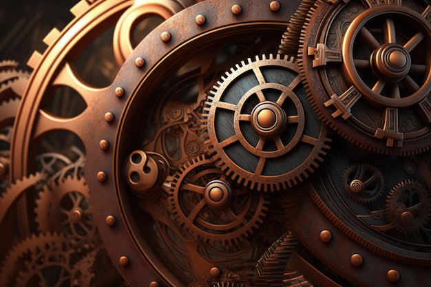 Steampunk machine gears background with old gears AI