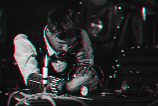 Steampunk man in cyberpunk glasses invents mechanisms in laboratory workshop Black and white 3d virtual reality concept with glitch effect