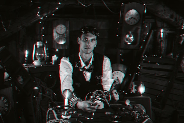 Steampunk man in cyberpunk glasses invents mechanisms in a\
laboratory workshop