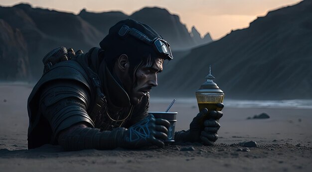 Steampunk man in the desert with a lantern and a cup of coffee