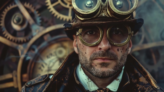 A steampunk man with a beard and goggles is standing in front of a large steampunk machine He is wearing a leather hat and a white shirt