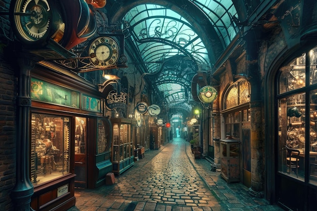 Steampunk market street featuring cobbled streets lined with shops selling retrofuturistic items