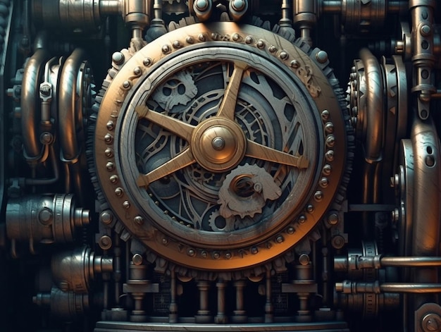 Steampunk mechanism with gears and cogwheels on a dark background