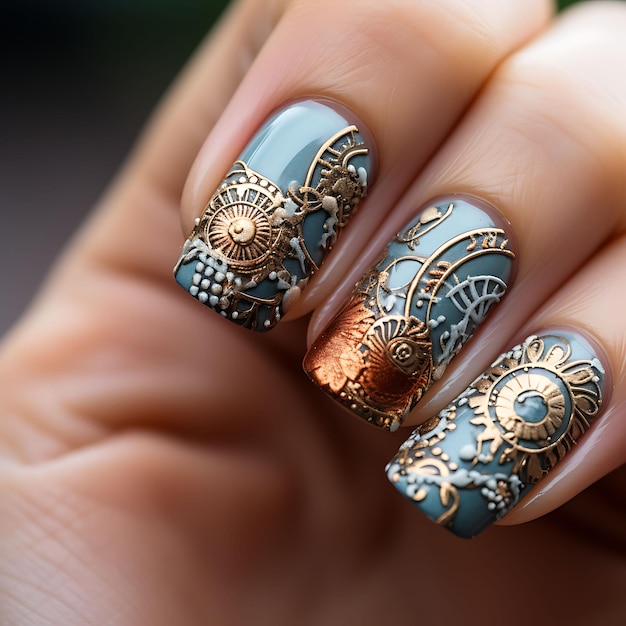 Steampunk-nagels ontwerpen Rustiek en metallic Steampunk-kleuren Conceptidee Creatieve kunstfotoshoot