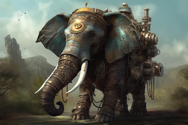 Steampunk olifant landschap Digitale kunst Genereer Ai