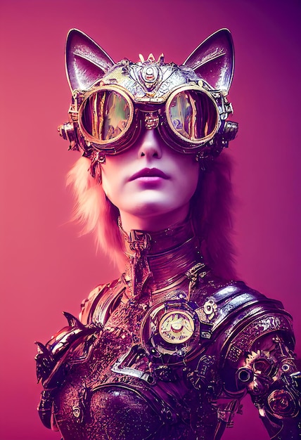 안경을 쓴 Steampunk 핑크 고양이