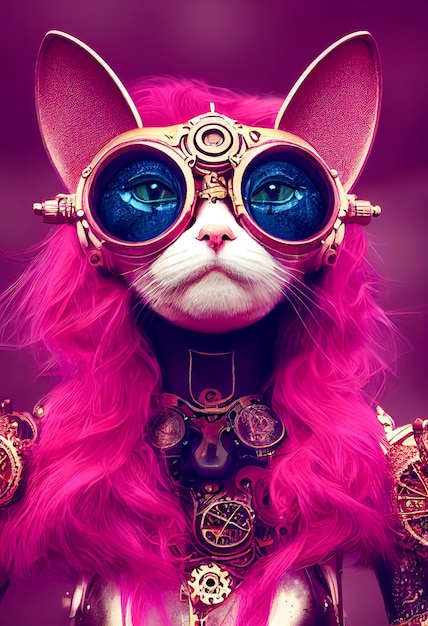 Steampunk pink cat with glasses