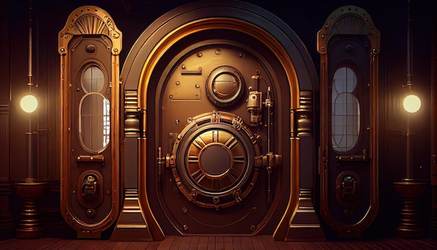 Steampunk portal room digital art illustration Generative AI