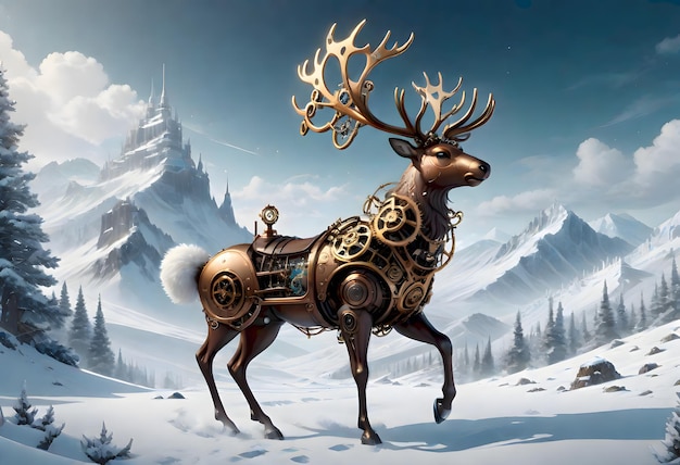 Steampunk Reindeer in a Snowy Landscape