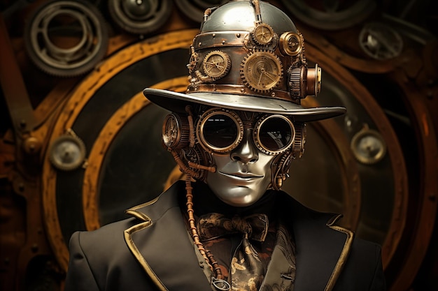 Steampunk robot fictional character wearing elegant vintage hat and suit decorated with futuristic cogwheel mechanism accessory Generative AI