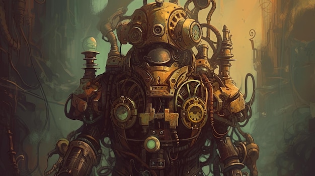Steampunk robot with gears and pipes Fantasy concept Illustration painting Generative AI