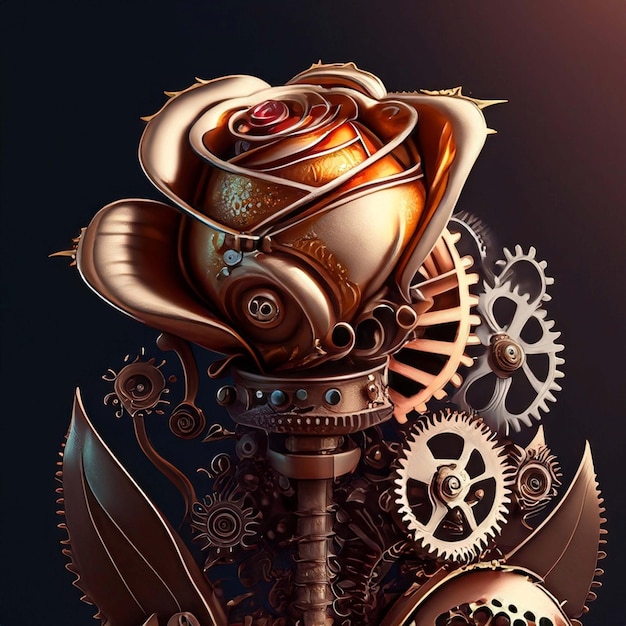 Фото Бутон розы в стиле стимпанк с заводными шестернями, металл и патина ржавчины