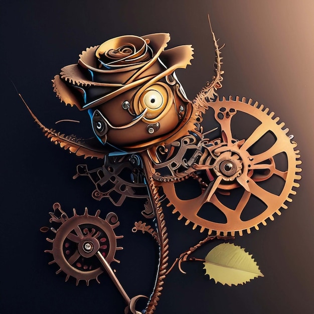 steampunk rose bud with clockwork gears metal and patina rust