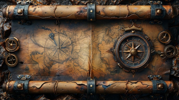 Steampunk scroll with compass and cogwheels in 3D