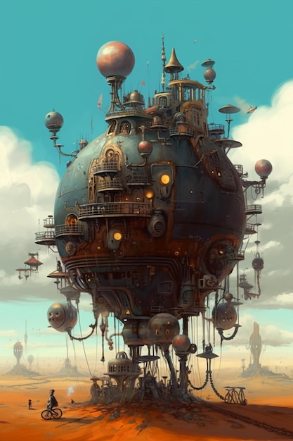 A steampunk ship in the desert.