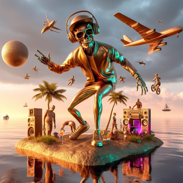 steampunk skater fashionable cool deejay alien mariachi hosting party in tropical island at sunset