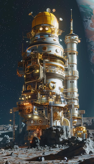 Photo a steampunk space elevator on the moon