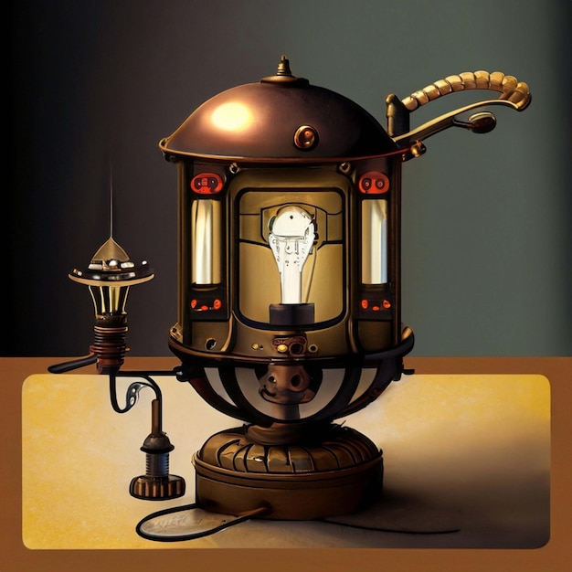 Steampunk stijl lamp op bruine houten tafel op betonnen muur achtergrond 3D Render