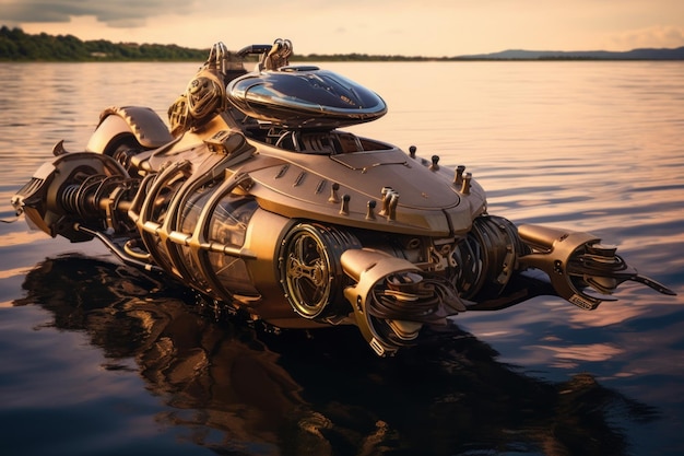 Steampunk style boat is on the water in lake Beautiful illustration picture Generative AI