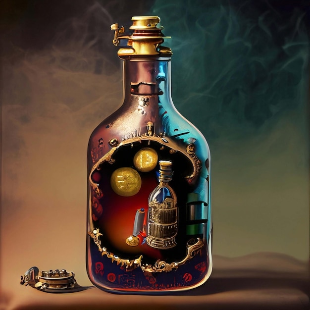 Бутылка с ароматом в форме луковицы в стиле стимпанк изолирована на черном фоне. Генеративная иллюстрация ИИ.