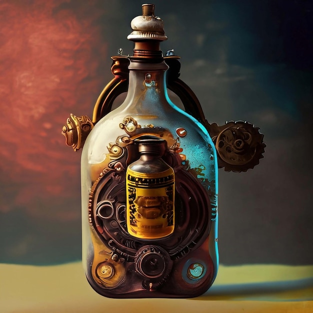 Steampunk style bulbousshaped scent bottle isolated on a black background Generative AI illustration