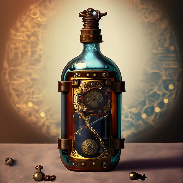 Steampunk style bulbousshaped scent bottle isolated on a black background Generative AI illustration