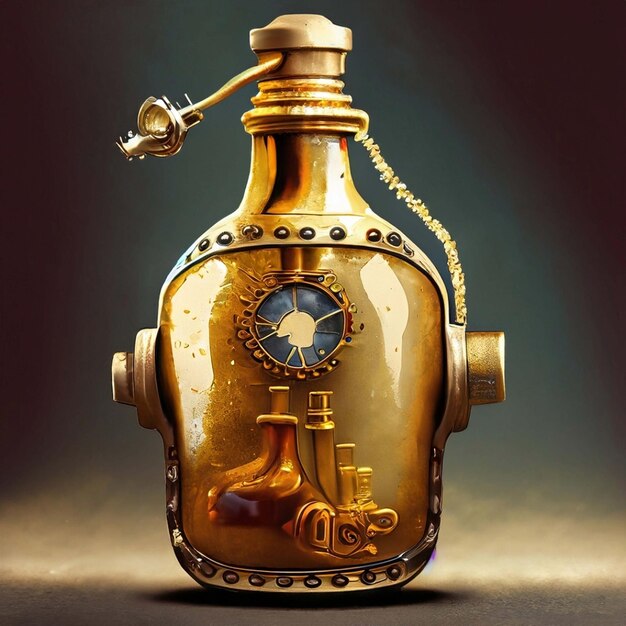 Steampunk style bulbousshaped scent bottle isolated on a black background Generative AI illustration