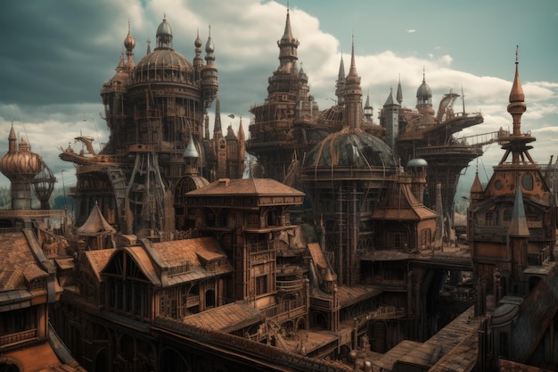 Steampunk style city with big metallic buildings steampunk futuristic city background AI