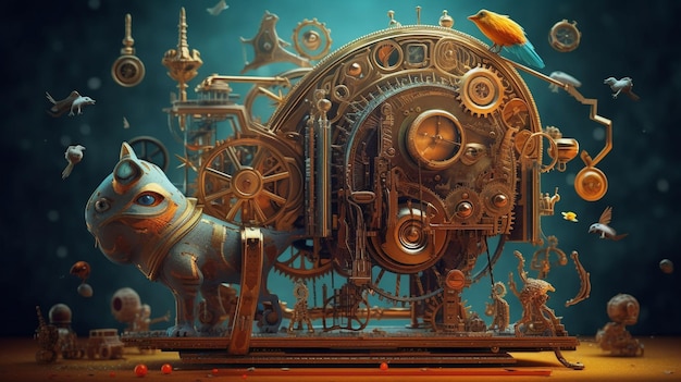 A steampunk style clock with a dog and a bird on it.