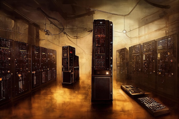 Steampunk style data center storage room with computers and\
technology