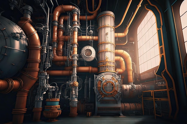 Steampunk style futuristic factory full of pipes and gears industrial modern