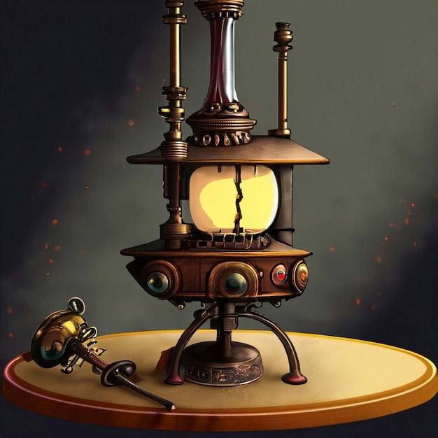 Steampunk style lamp on brown wooden table at concrete wall background 3D Render