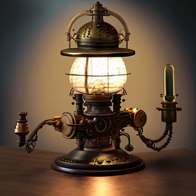 Foto lampada in stile steampunk su tavolo di legno marrone su sfondo muro di cemento 3d render