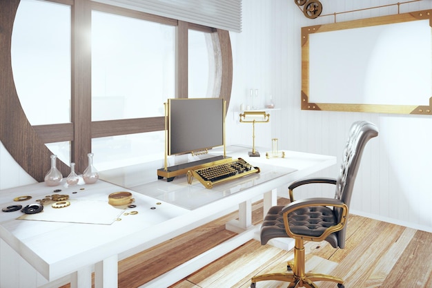 Комната в стиле стимпанк с винтажной пишущей машинкой и макетом пустой деревянной фоторамки