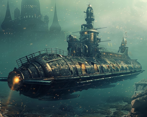 Steampunk submarine exploring underwater ruins past meets future