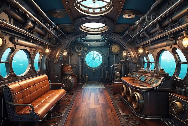 Foto sfondio 3d dell'interno di un sottomarino steampunk