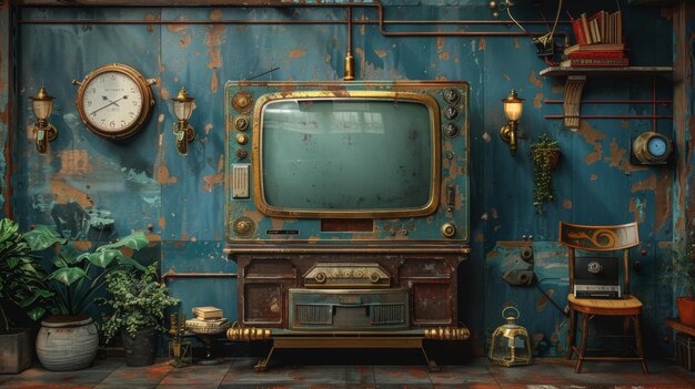 Photo steampunk television screen illustration in 3d