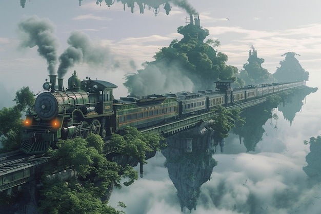 Steampunk train journey through a landscape of flo