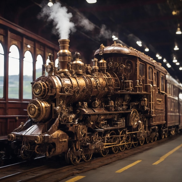 Steampunk train rushes along the rails