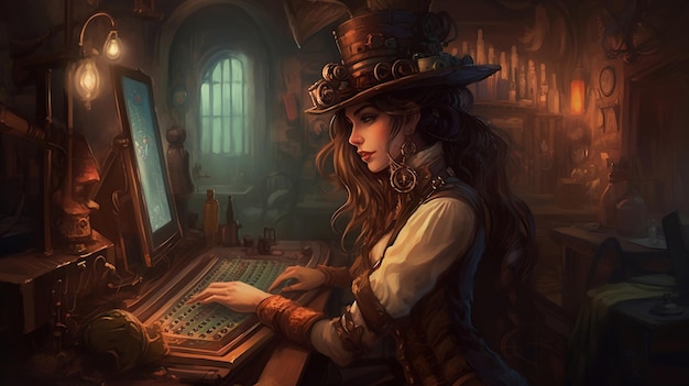 Steampunk-vrouw die videogames speelt op een futuristische computer