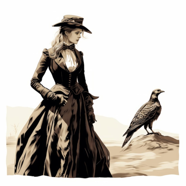 Steampunk vrouw in westerse kostuum met kraai realistische stripkunst