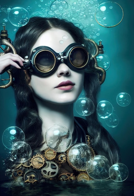 A steampunk woman freediver poses underwater Freediving air bubbles and a beautiful woman 3D render