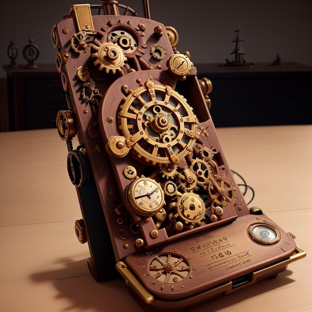 A steampunkinspired cellphone with gears cogs and brass elements incorporated into its design